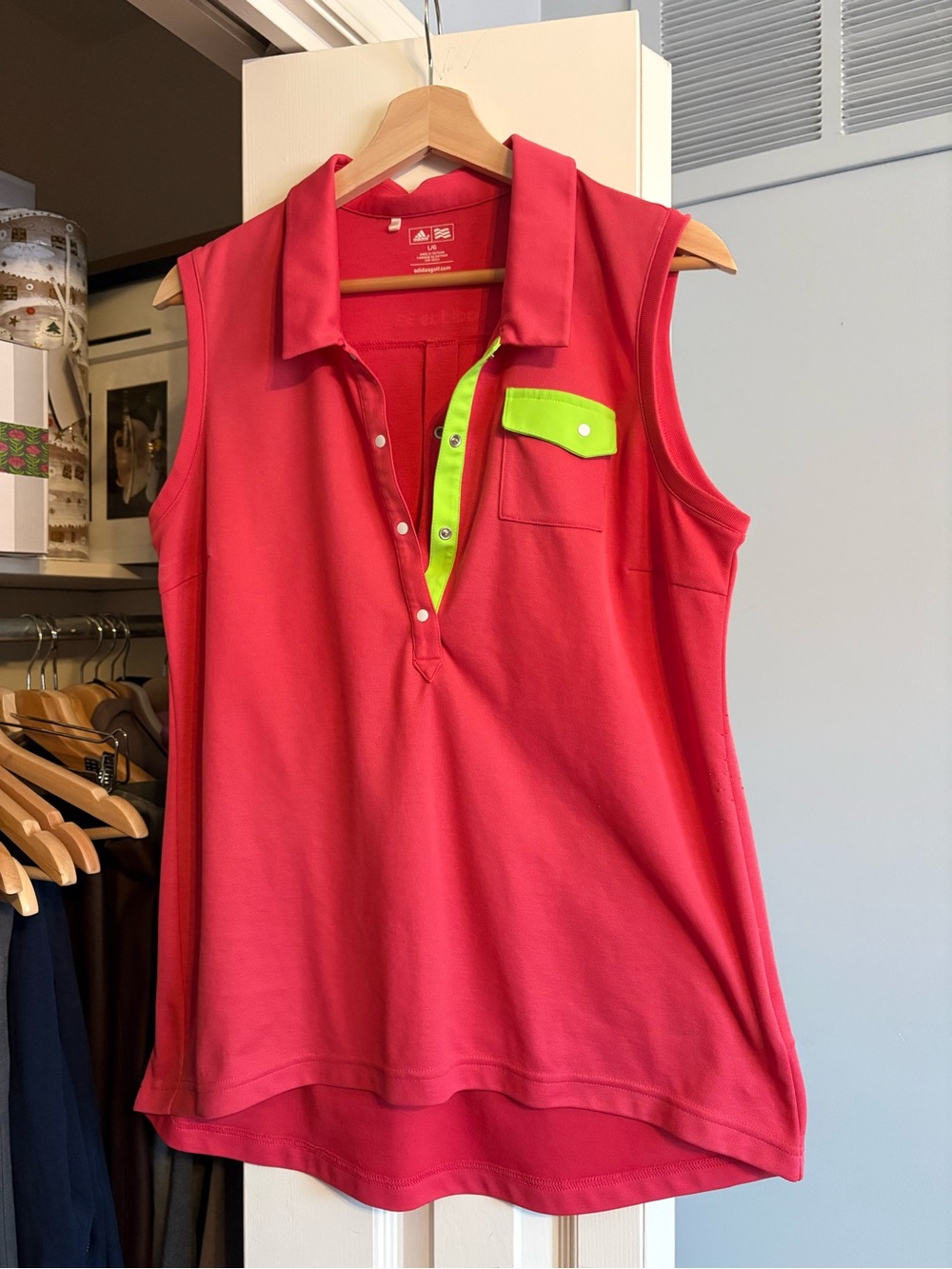 Adidas Women's Sleeveless Polo Top in Coral with Neon Lime Trim